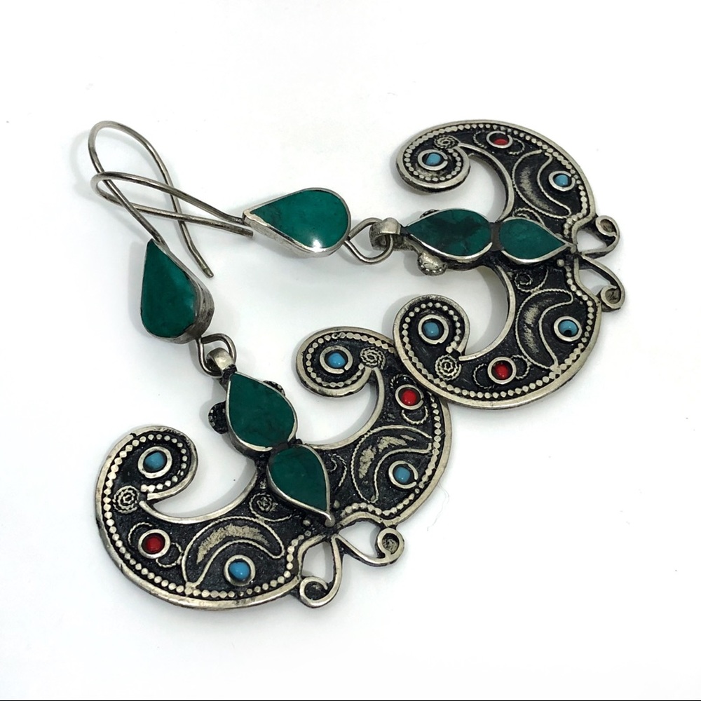 Boho batwing tribal stone statement long earrings - Picture 3 of 6